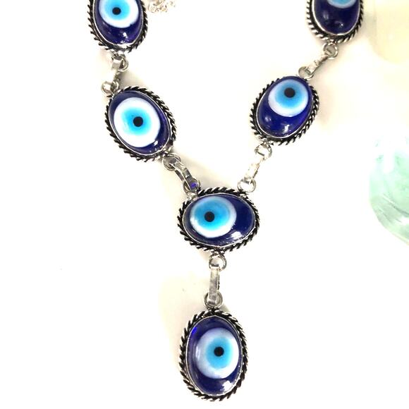 Blue Evil Eye Mati Handmade Glass Beads Necklace 21" - Picture 6 of 6